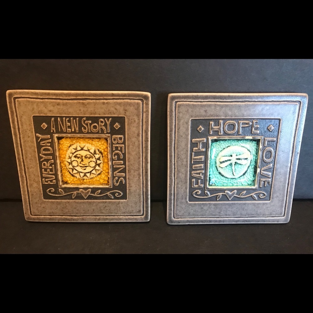 Pair Of Handmade In Wisconsin Macone Clay & Melted Glass Coasters/Trivets